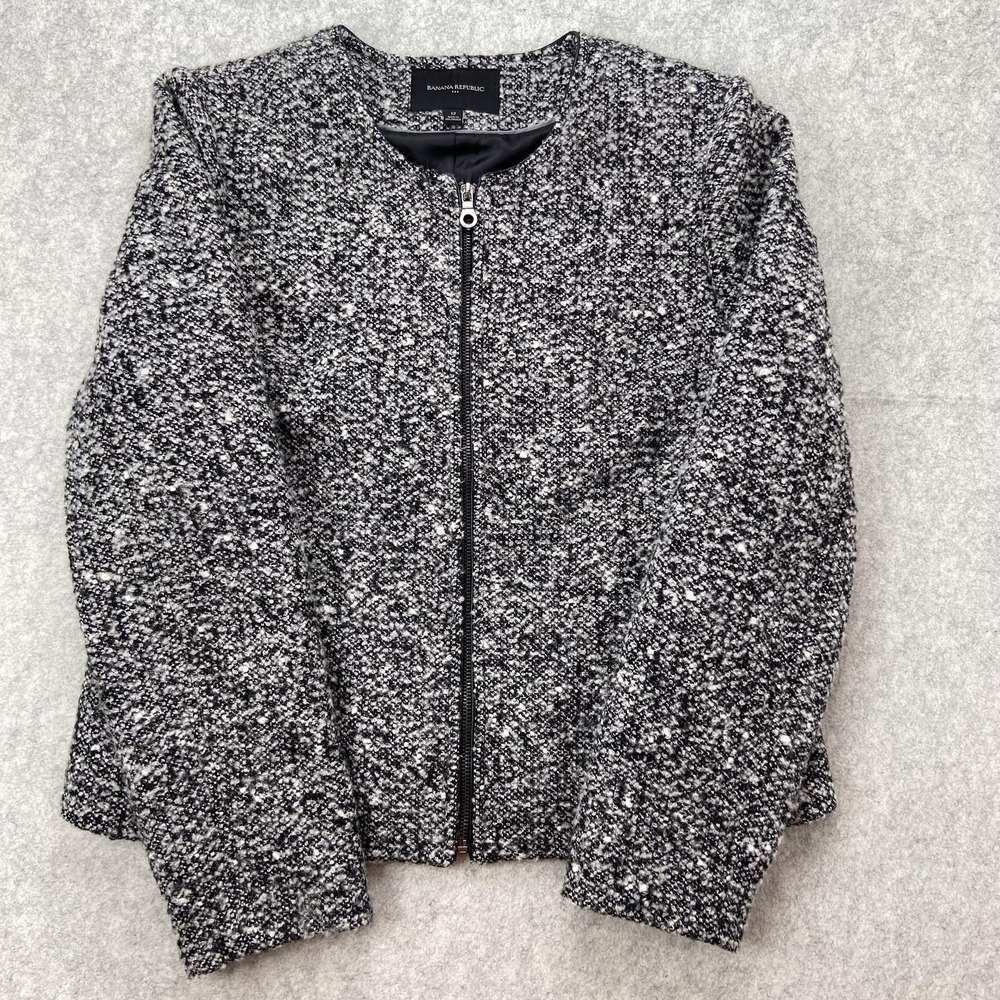 Banana Republic Jacket Womens 12 Gray Black Tweed Collarless Full Zip Lined